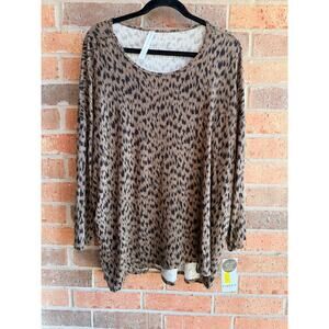 Kinesis Womens Brown Black Leopard Active Stretch Long Sleeve Tunic Tops 2X NWT